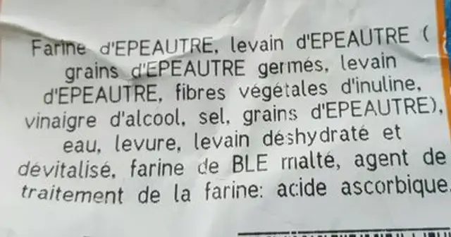 Pain à l'épeautre ingredients label