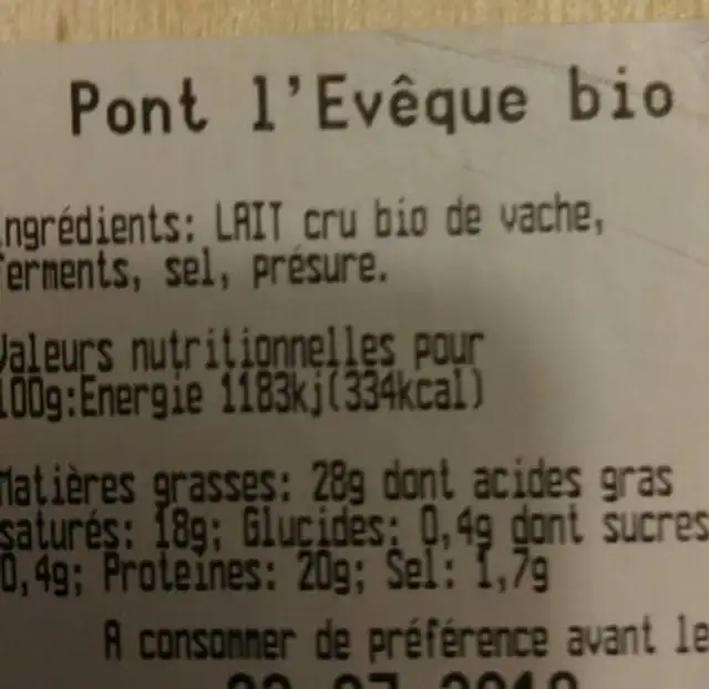 Pont l'évêque nutrition facts table