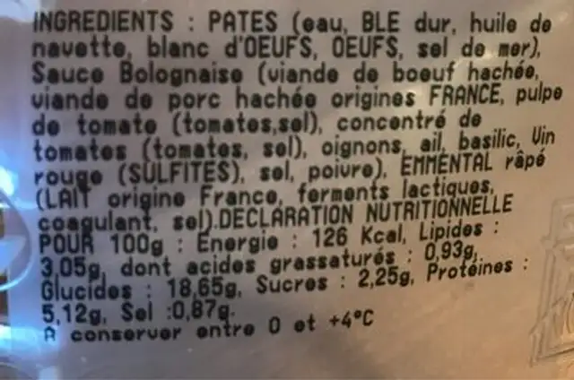 Pates Bolognaise nutrition facts table