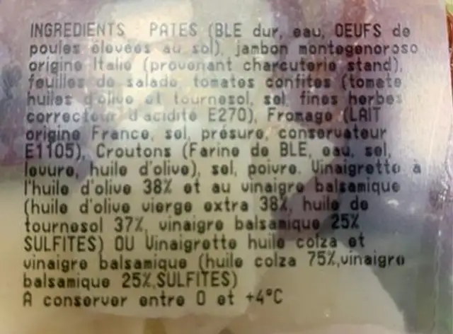Salade italienne ingredients label