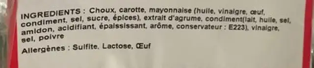 Salade de coleslow ingredients label
