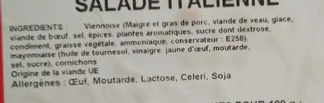 Salade Italienne ingredients label