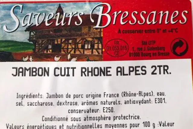 Jambom cuit RHONE ALPES 2TR ingredients label
