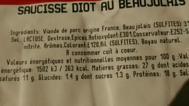 Saucisse Diot au BEAUJOLAIS nutrition facts table