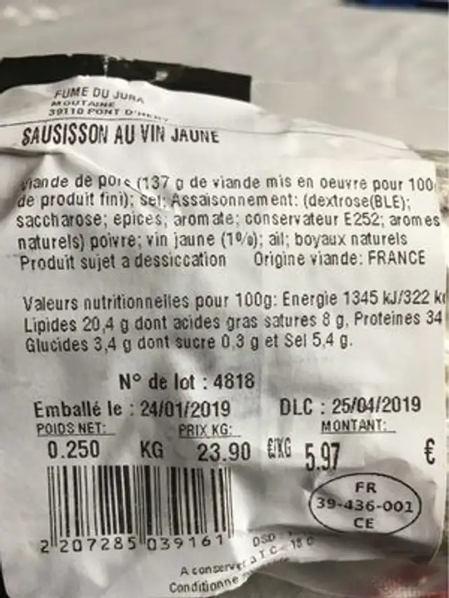 Saucisson au vin jaune ingredients label