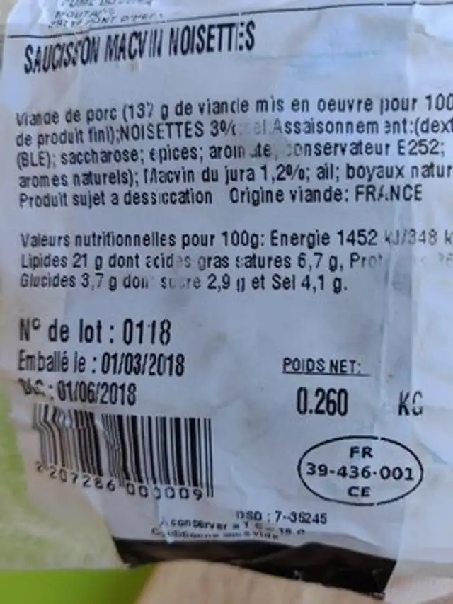 Saucisson Macvin et Noisettes ingredients label