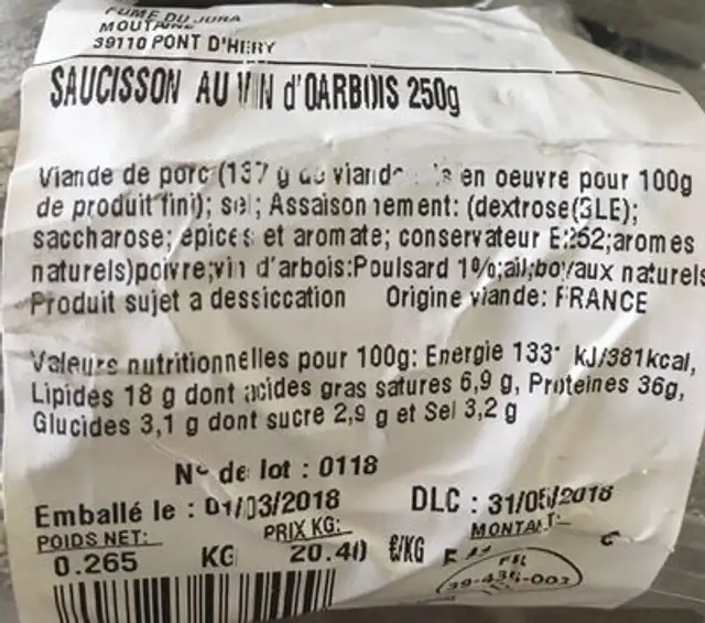 Saucisson au vin d'Arbois ingredients label