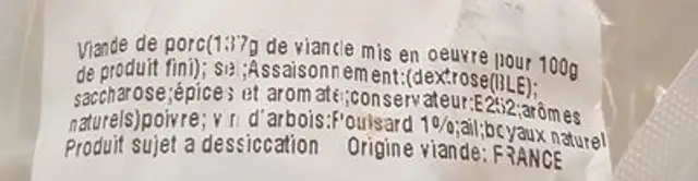 Saucisson fumé ingredients label