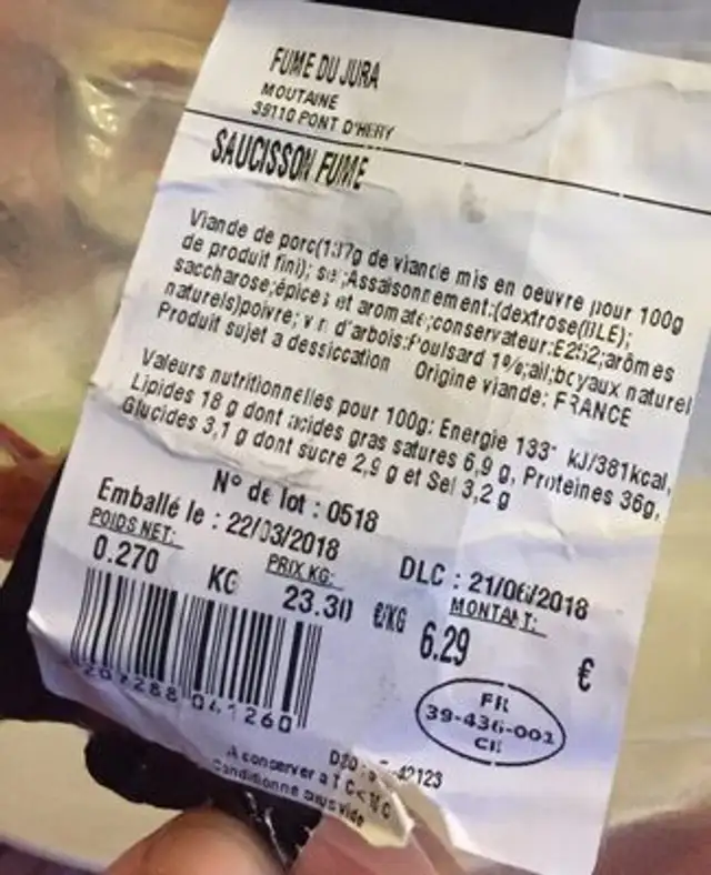 Saucisson fume ingredients label