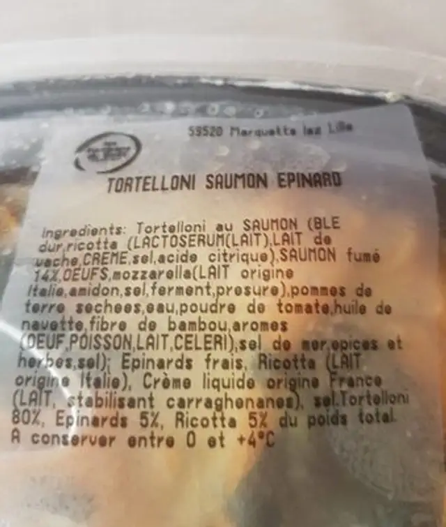 Tortelloni saumon épinards nutrition facts table
