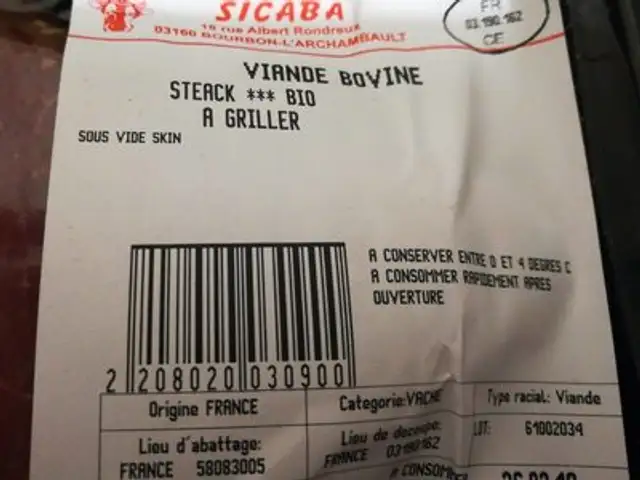 Steack à griller ingredients label