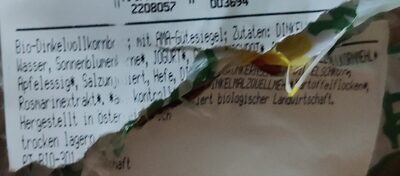 Dinkel Vollkornbrot Bio ingredients label