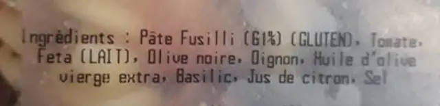 Fraich' pasta salade ingredients label