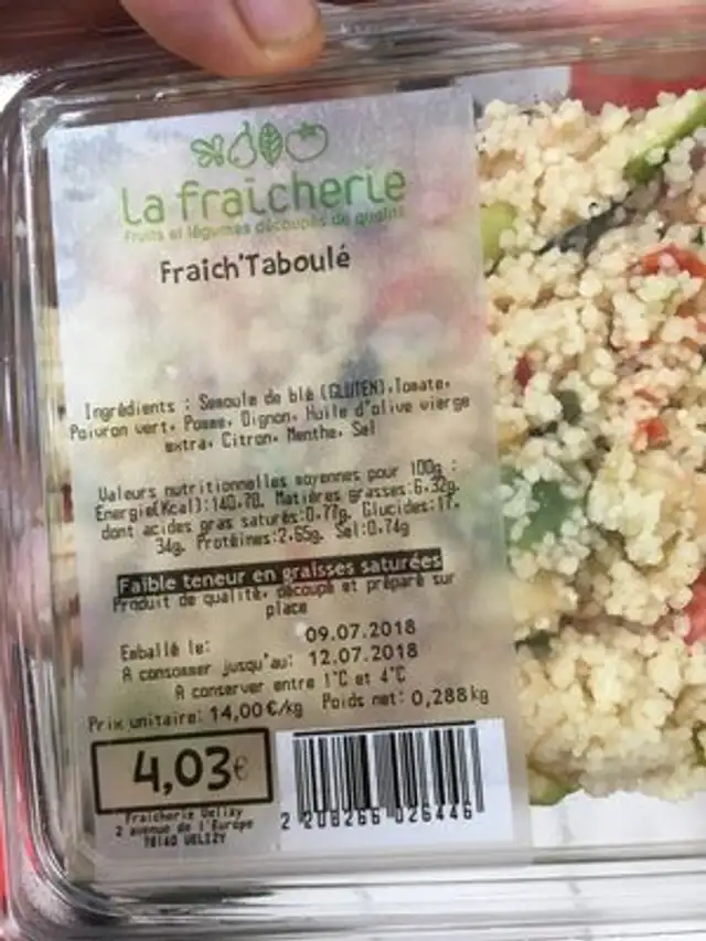 Fraich taboulé ingredients label
