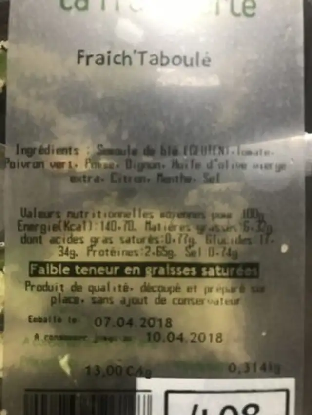 Fraich'Taboulé ingredients label
