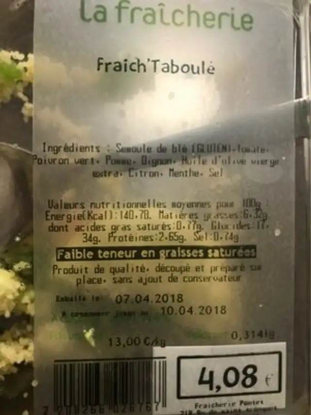 Fraich'Taboulé nutrition facts table