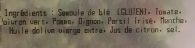 Taboulé Verde ingredients label