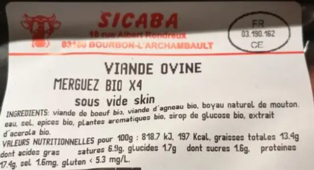 Merguez nutrition facts table