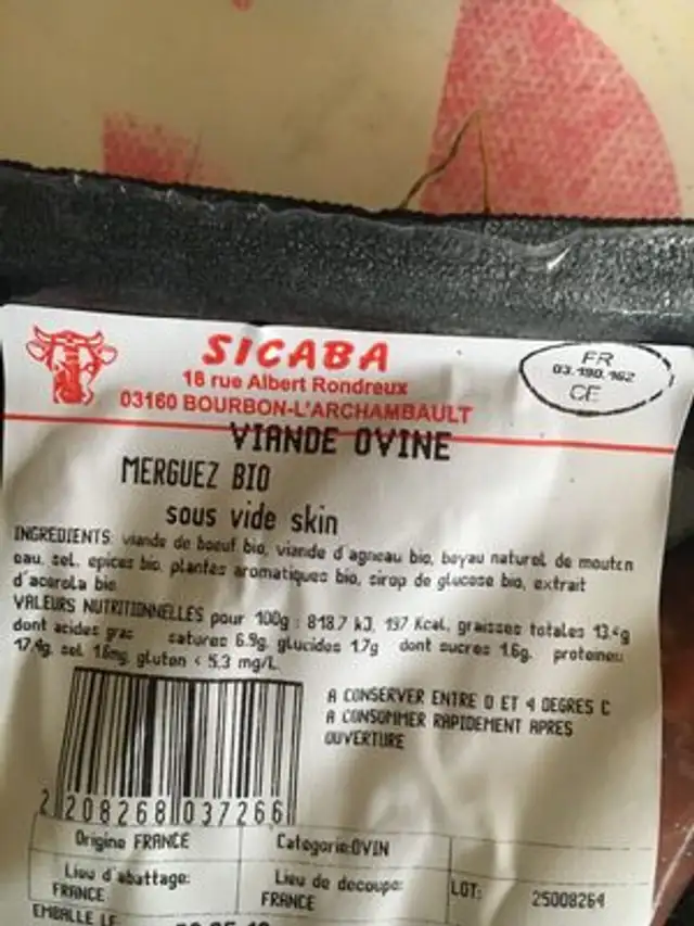 Merguez bio ingredients label