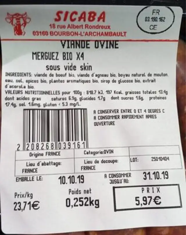 Merguez bio nutrition facts table
