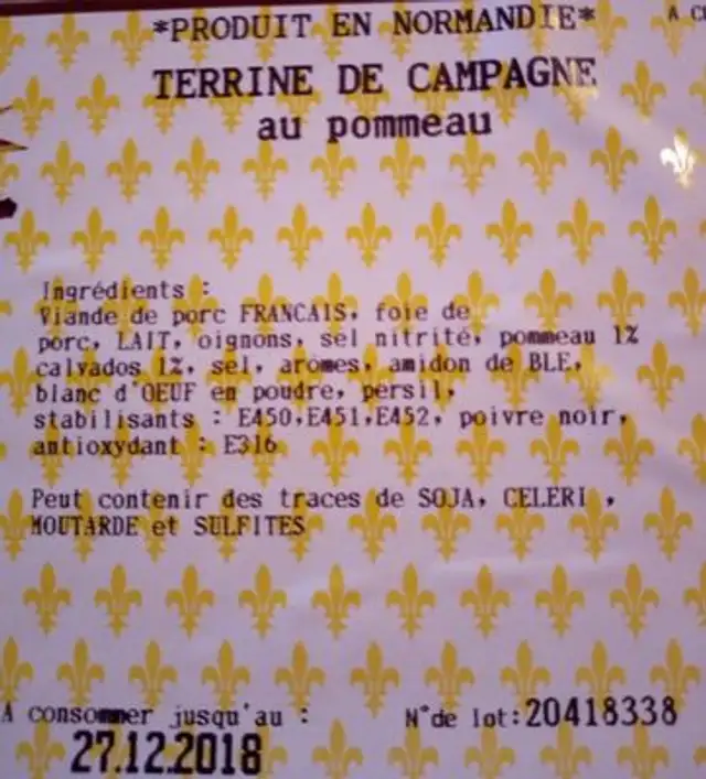 Terrine de campagne au pommeau ingredients label