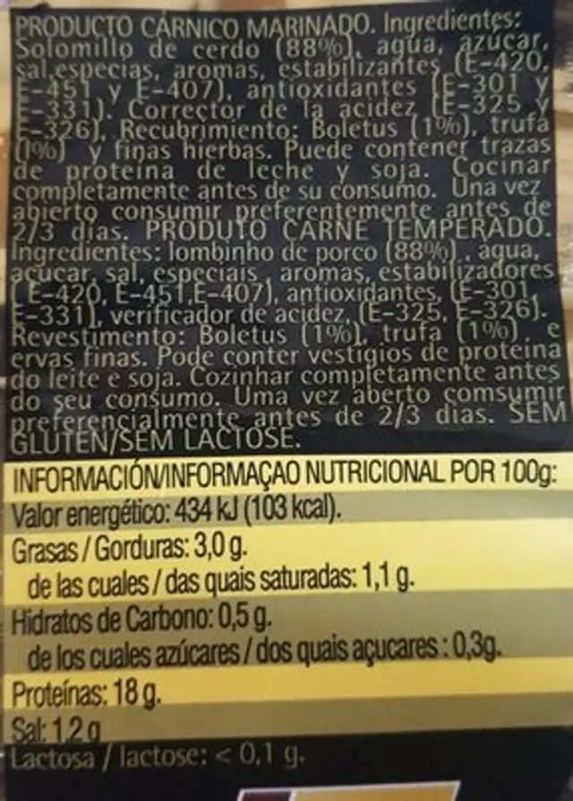Solomillo de cerdo boletus y trufa nutrition facts table