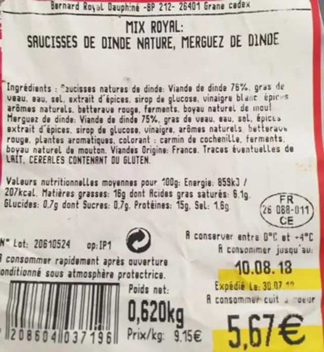 Saucisse de dinde ingredients label