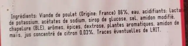 Brochette de filet de poulet aromatisé au citron, crue ingredients label