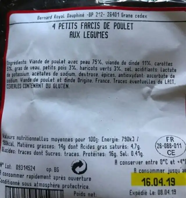 P'tits farcis de poulet ingredients label
