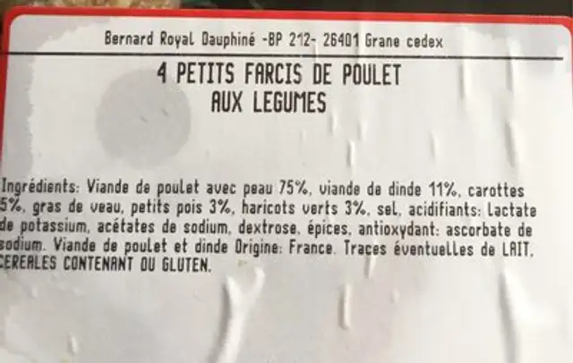 P'TITS Farcis de poulet aux petits legumes ingredients label
