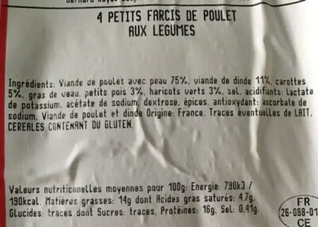 P'tits farcis de poulet ingredients label