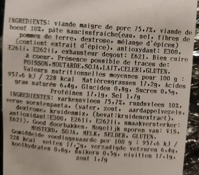 Boulette Rotie nutrition facts table