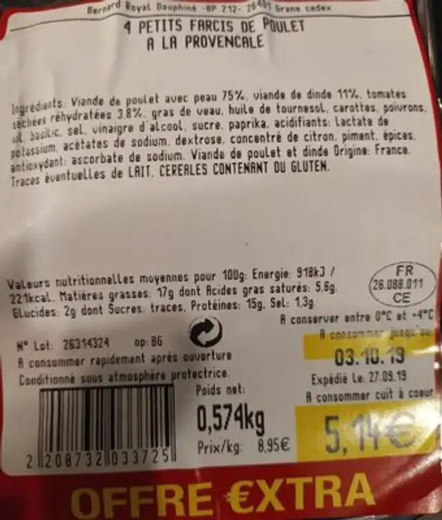 P'tits farcis de poulet de ma région à la provençale nutrition facts table