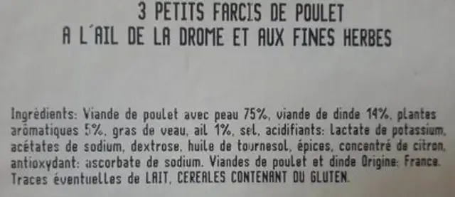 P'tits farcis de poulet ingredients label