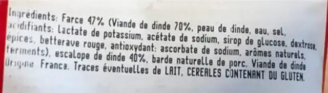 Paupiette de dinde ingredients label