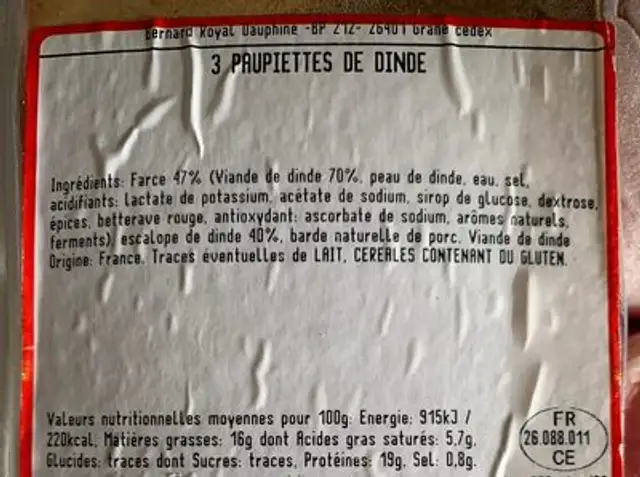Paupiettes de Dinde nutrition facts table