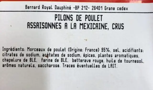 Pilons de polet mexicaine ingredients label