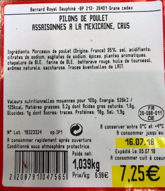 Pilons de polet mexicaine nutrition facts table
