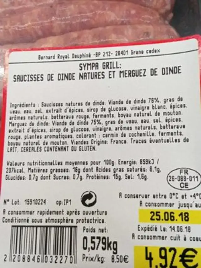 Saucisses de dinde et merguez de dinde nutrition facts table