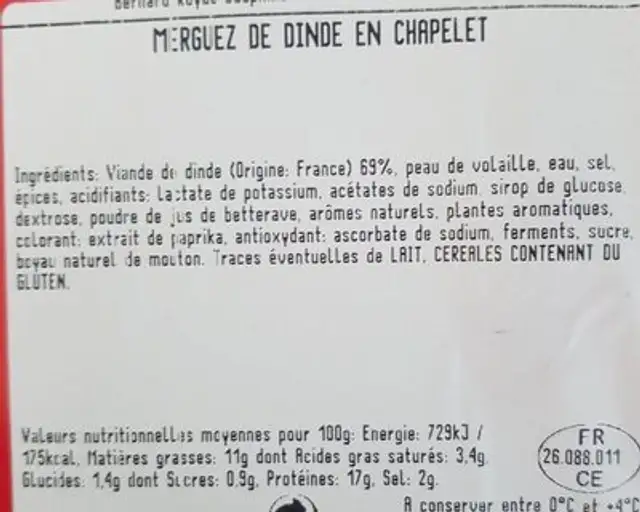 Saucisses de volaille en chapelet nutrition facts table