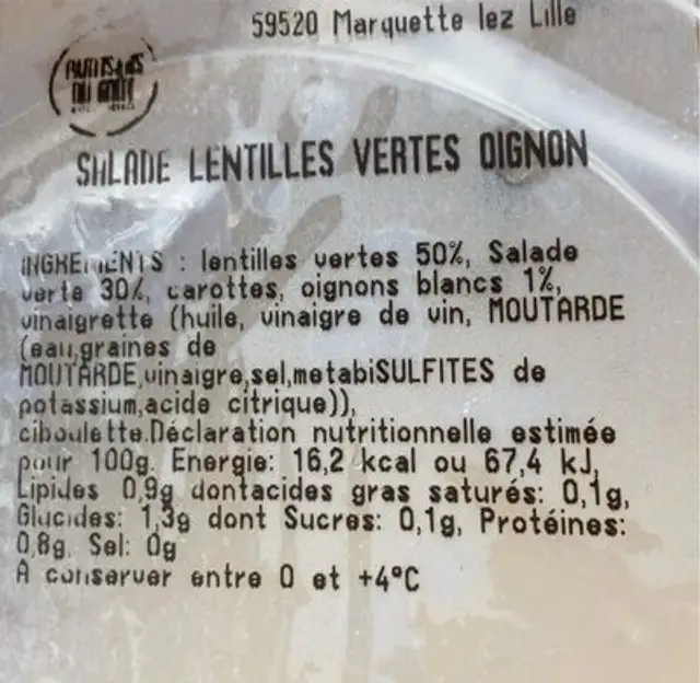 Salade lentilles vertes oignon nutrition facts table