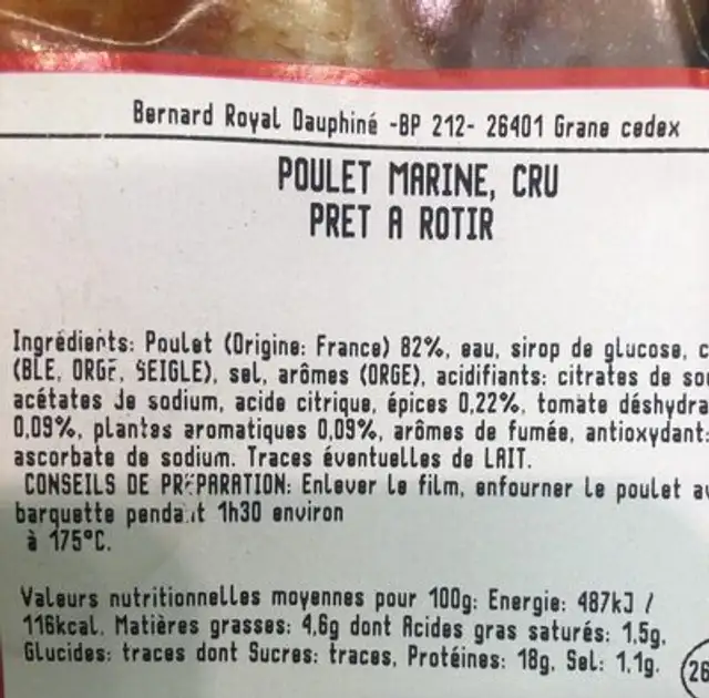 Mon poulet entier de ma region ingredients label