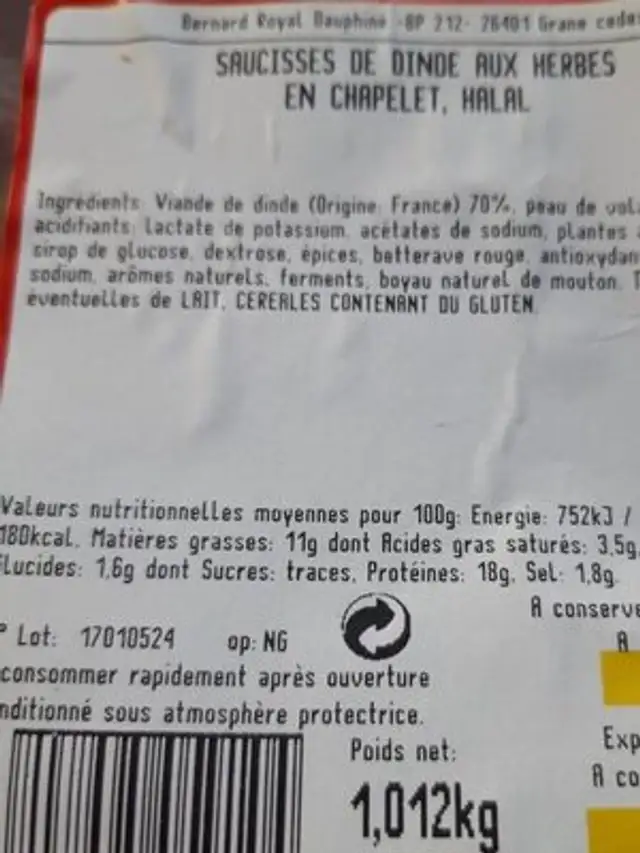Saucisse de dinde aux herbes en chapelet halal nutrition facts table