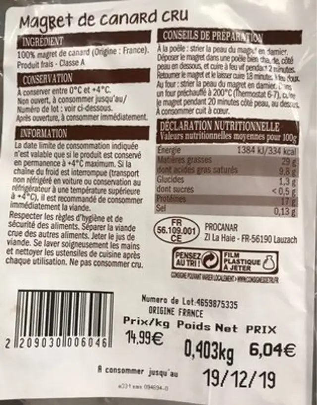Magret de canard cru nutrition facts table