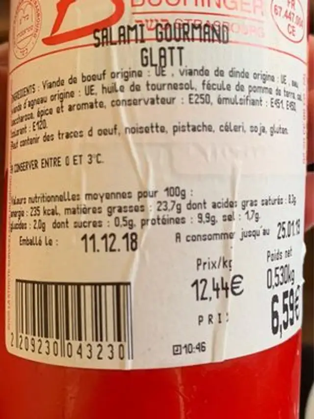 Salami gourmand ingredients label