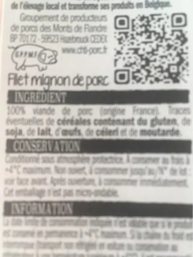 Filet mignon de porc ingredients label