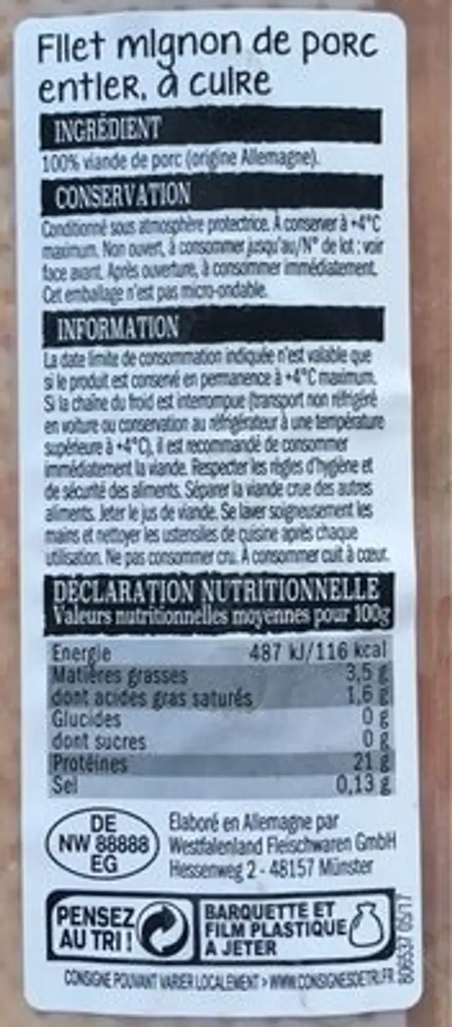 Filet mignon de porc ingredients label