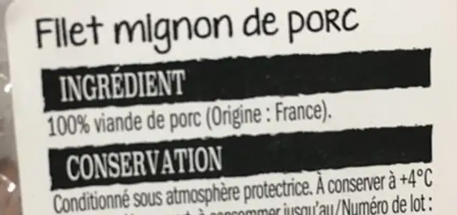 Filet mignon de porc ingredients label