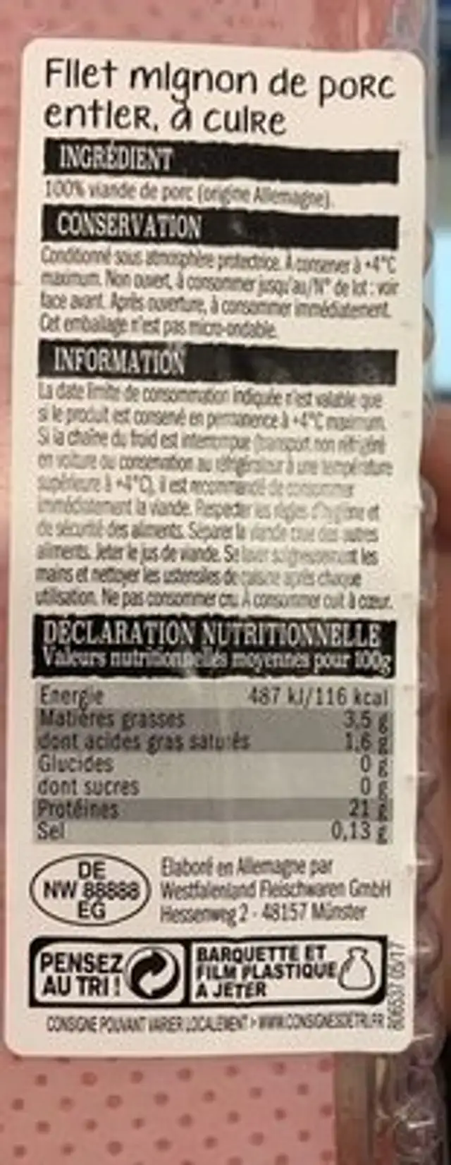 Filet mignon de porc ingredients label