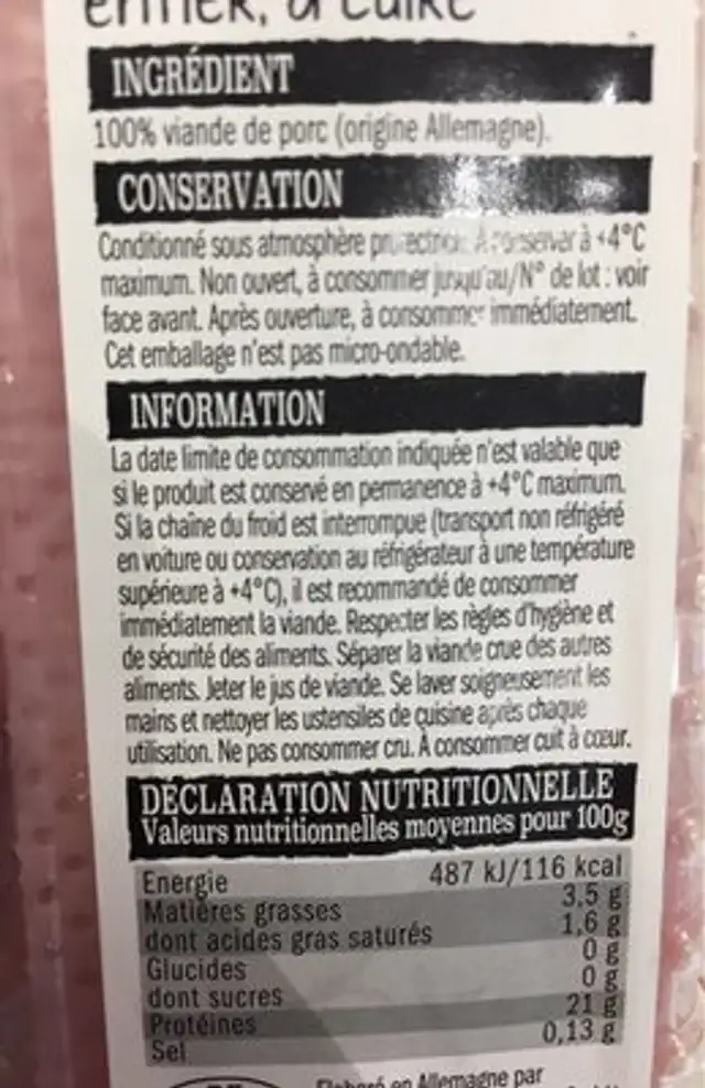 Filet mignon de porc ingredients label